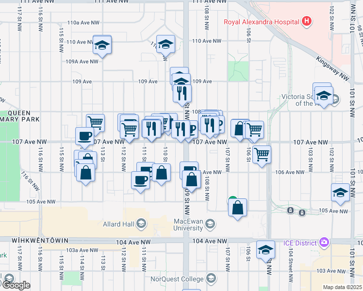 map of restaurants, bars, coffee shops, grocery stores, and more near 10908 107 Avenue Northwest in Edmonton