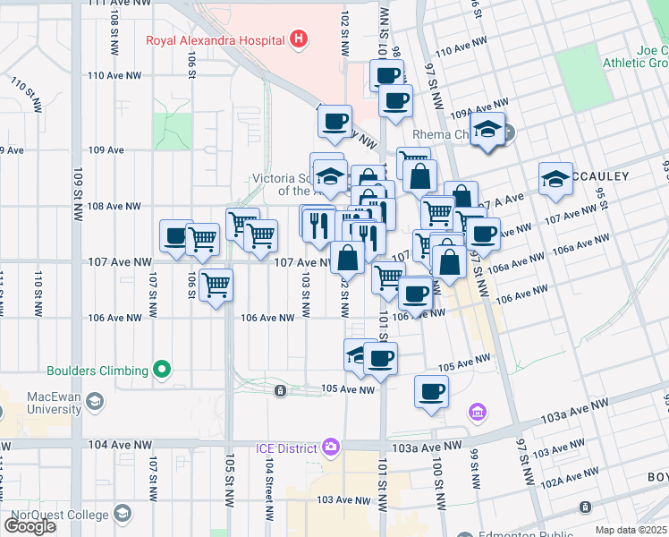 map of restaurants, bars, coffee shops, grocery stores, and more near 10207 107 Avenue Northwest in Edmonton