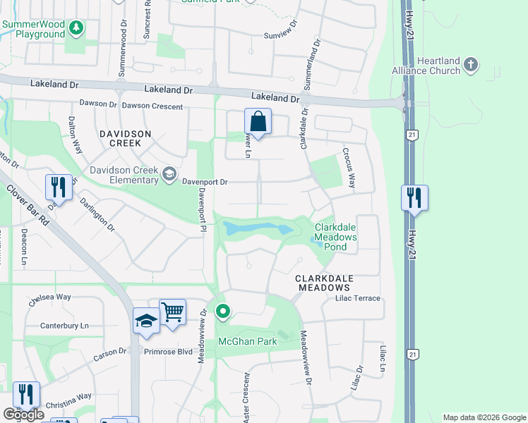 map of restaurants, bars, coffee shops, grocery stores, and more near 44 Meadowview Point in Sherwood Park