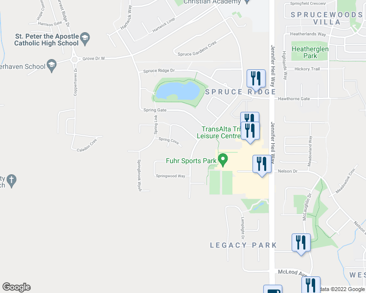 map of restaurants, bars, coffee shops, grocery stores, and more near 241 Spruce Ridge Road in Spruce Grove