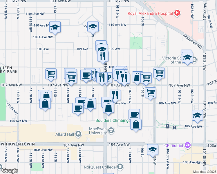 map of restaurants, bars, coffee shops, grocery stores, and more near 10924 107 Avenue Northwest in Edmonton