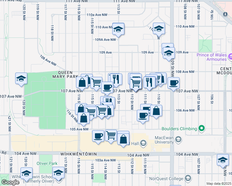 map of restaurants, bars, coffee shops, grocery stores, and more near 11230 107 Avenue Northwest in Edmonton