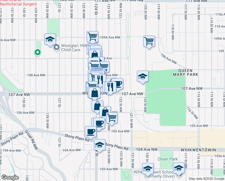 map of restaurants, bars, coffee shops, grocery stores, and more near 10715 123 Street Northwest in Edmonton