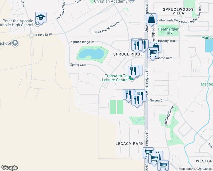 map of restaurants, bars, coffee shops, grocery stores, and more near 240 Spruce Ridge Road in Spruce Grove
