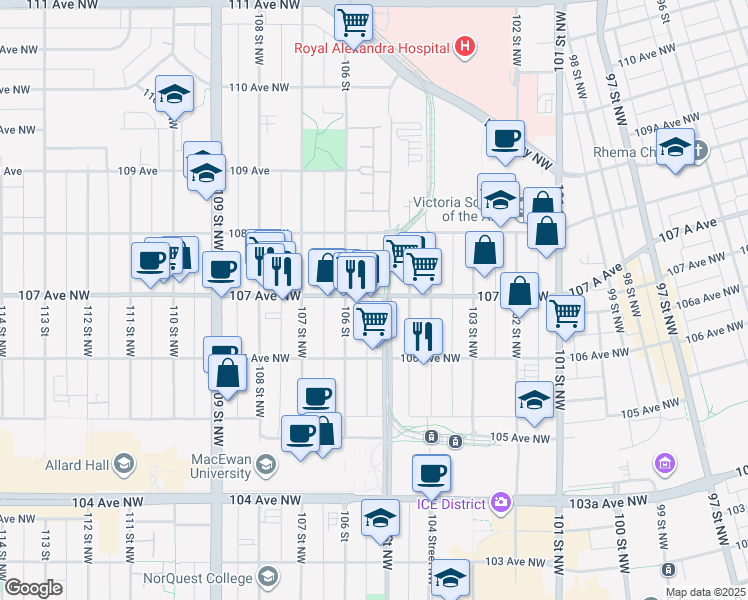 map of restaurants, bars, coffee shops, grocery stores, and more near 10509 107 Avenue Northwest in Edmonton