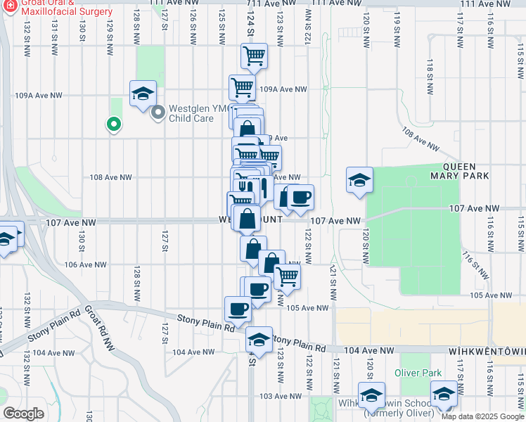 map of restaurants, bars, coffee shops, grocery stores, and more near 12318 107 Avenue Northwest in Edmonton