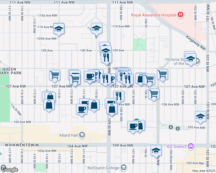 map of restaurants, bars, coffee shops, grocery stores, and more near 109 St NW & 107 Ave NW in Edmonton