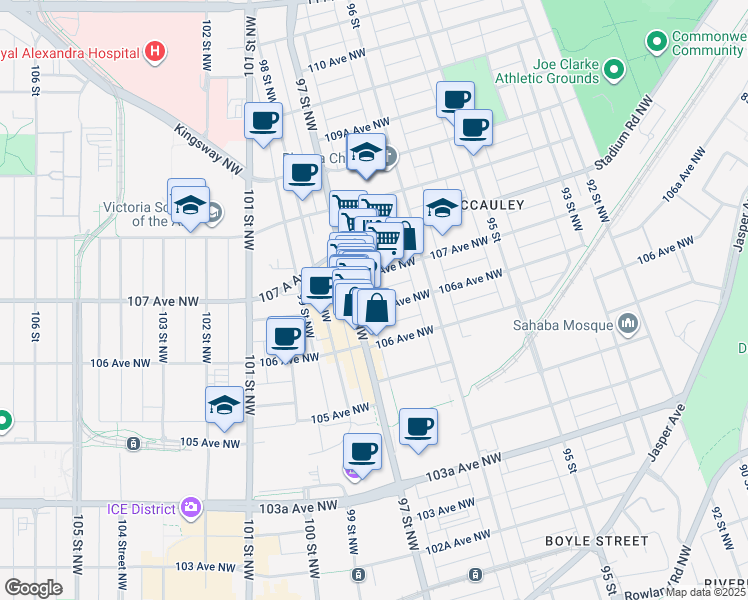map of restaurants, bars, coffee shops, grocery stores, and more near in Edmonton