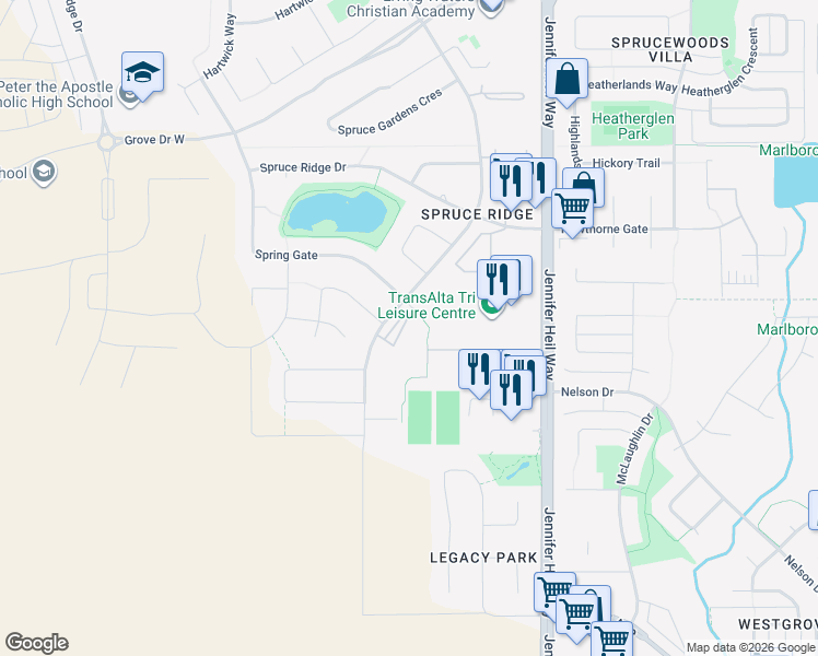 map of restaurants, bars, coffee shops, grocery stores, and more near 240 Spruce Ridge Road in Spruce Grove