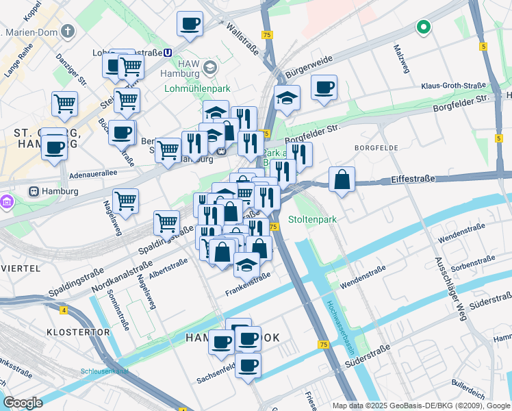 map of restaurants, bars, coffee shops, grocery stores, and more near 218 Spaldingstraße in Hamburg