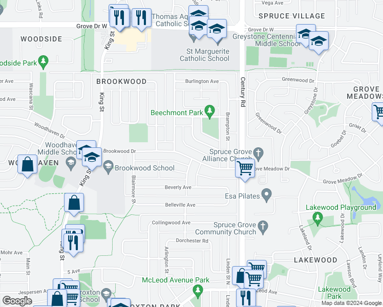 map of restaurants, bars, coffee shops, grocery stores, and more near 157 Brookwood Drive in Spruce Grove