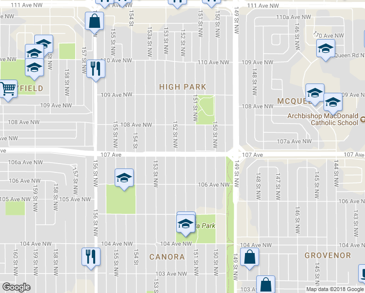 map of restaurants, bars, coffee shops, grocery stores, and more near 10711 152 Street Northwest in Edmonton