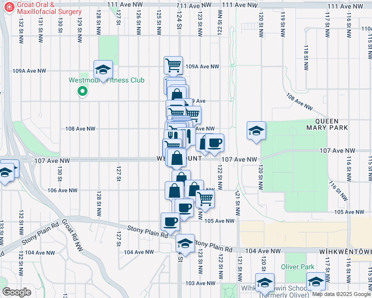map of restaurants, bars, coffee shops, grocery stores, and more near 12321 107 Avenue Northwest in Edmonton