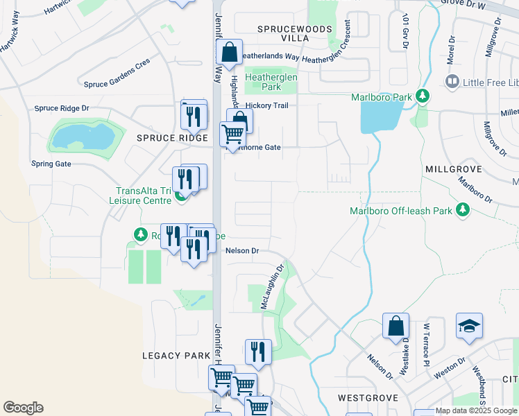 map of restaurants, bars, coffee shops, grocery stores, and more near 87 Meadowland Crescent in Spruce Grove