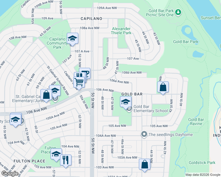 map of restaurants, bars, coffee shops, grocery stores, and more near 4716 106 Avenue Northwest in Edmonton