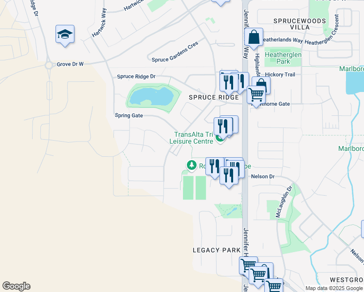 map of restaurants, bars, coffee shops, grocery stores, and more near 240 Spruce Ridge Road in Spruce Grove