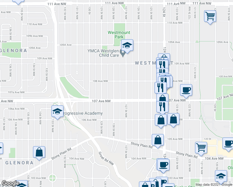 map of restaurants, bars, coffee shops, grocery stores, and more near 10719 128 Street Northwest in Edmonton