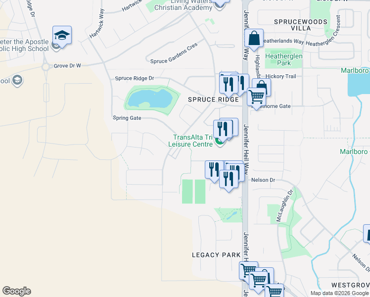 map of restaurants, bars, coffee shops, grocery stores, and more near 240 Spruce Ridge Road in Spruce Grove