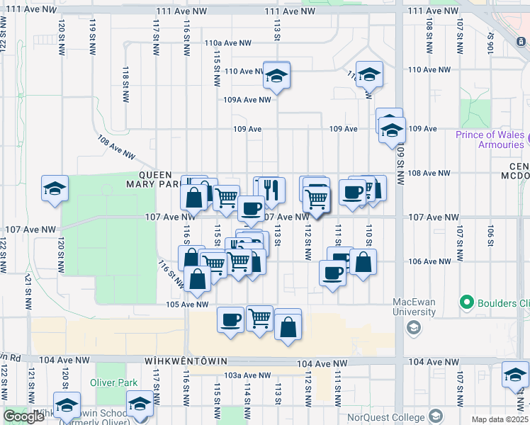 map of restaurants, bars, coffee shops, grocery stores, and more near 11314 107 Avenue Northwest in Edmonton