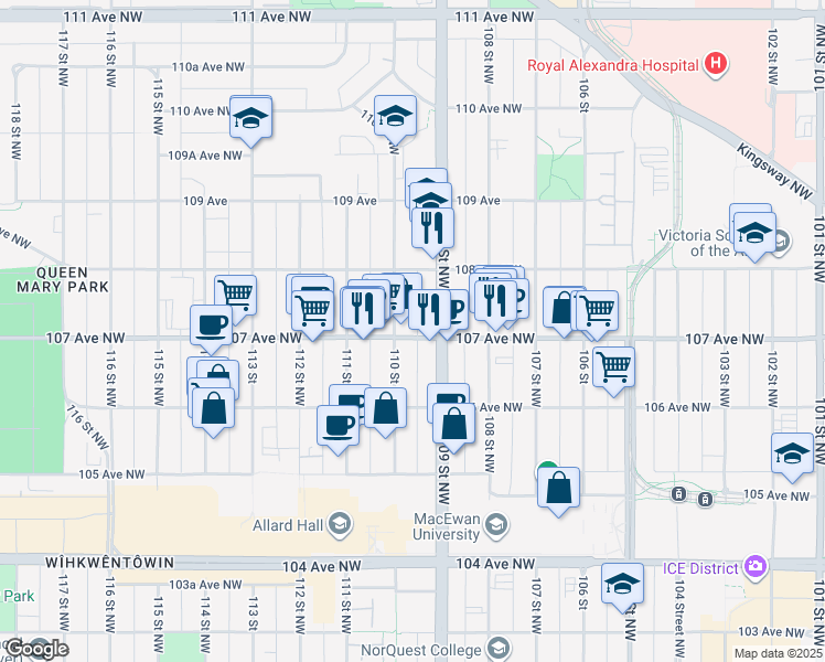 map of restaurants, bars, coffee shops, grocery stores, and more near 10908 107 Avenue Northwest in Edmonton