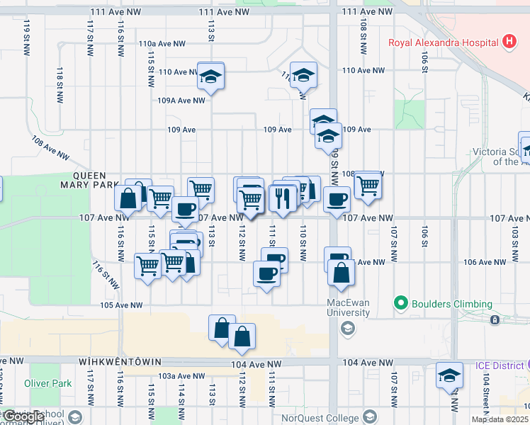 map of restaurants, bars, coffee shops, grocery stores, and more near 11104 107 Avenue Northwest in Edmonton