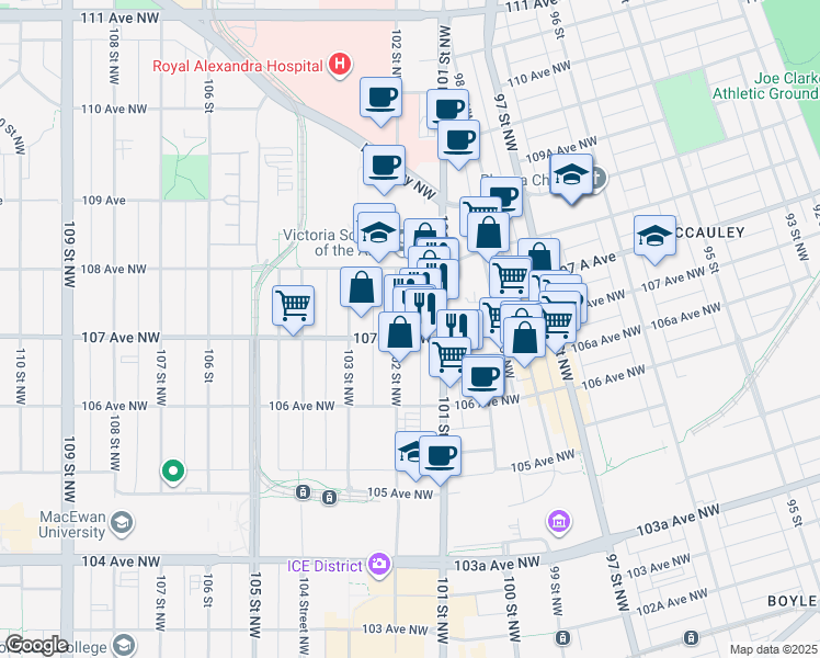 map of restaurants, bars, coffee shops, grocery stores, and more near 10646 101 Street Northwest in Edmonton