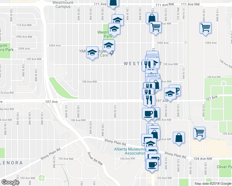 map of restaurants, bars, coffee shops, grocery stores, and more near 10719 127 Street Northwest in Edmonton