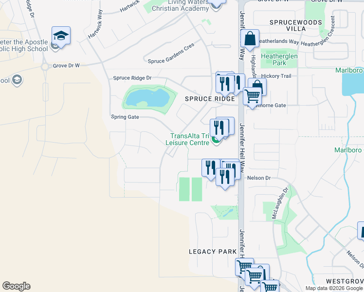 map of restaurants, bars, coffee shops, grocery stores, and more near 240 Spruce Ridge Road in Spruce Grove