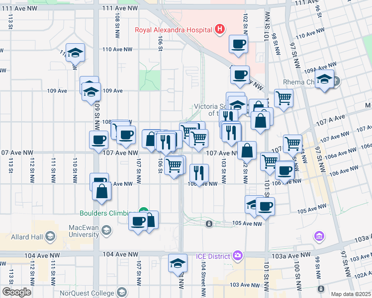 map of restaurants, bars, coffee shops, grocery stores, and more near in Edmonton