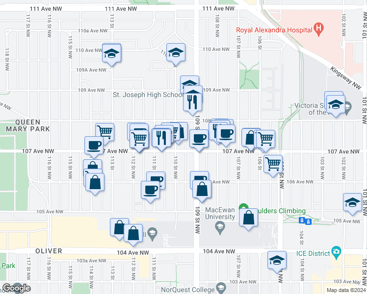 map of restaurants, bars, coffee shops, grocery stores, and more near 10908 107 Avenue Northwest in Edmonton