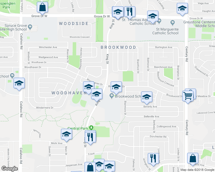 map of restaurants, bars, coffee shops, grocery stores, and more near 17 Brookwood Drive in Spruce Grove