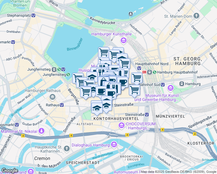 map of restaurants, bars, coffee shops, grocery stores, and more near 22 Spitalerstraße in Hamburg