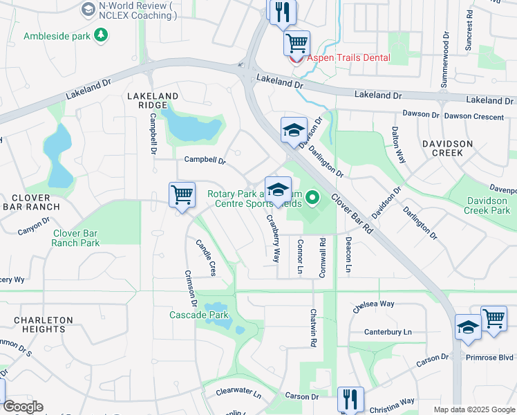map of restaurants, bars, coffee shops, grocery stores, and more near 18 Cranberry Way in Sherwood Park