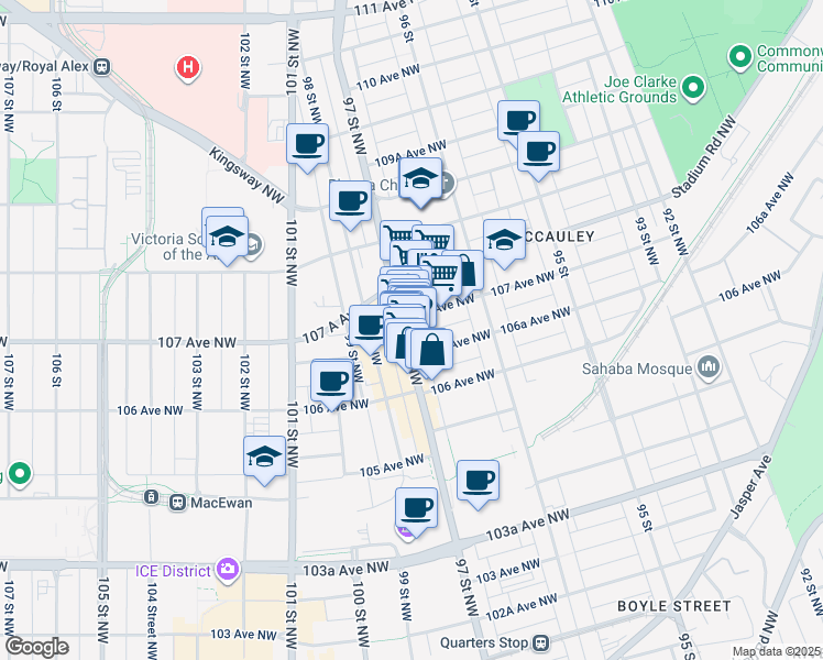 map of restaurants, bars, coffee shops, grocery stores, and more near in Edmonton