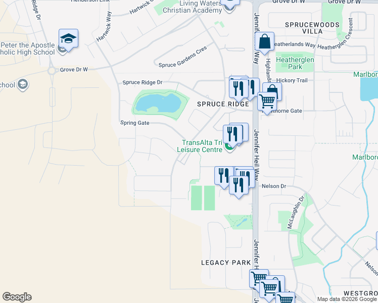 map of restaurants, bars, coffee shops, grocery stores, and more near 240 Spruce Ridge Road in Spruce Grove