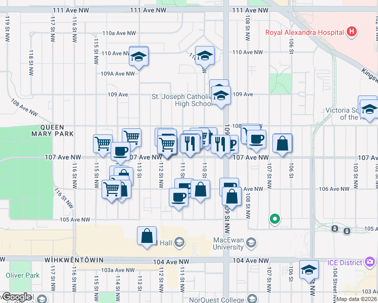 map of restaurants, bars, coffee shops, grocery stores, and more near in Edmonton