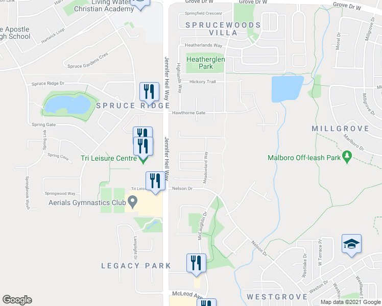map of restaurants, bars, coffee shops, grocery stores, and more near 87 Meadowland Crescent in Spruce Grove