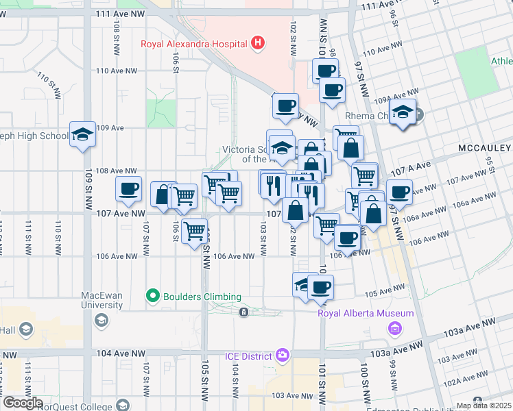 map of restaurants, bars, coffee shops, grocery stores, and more near 10304 107 Avenue Northwest in Edmonton