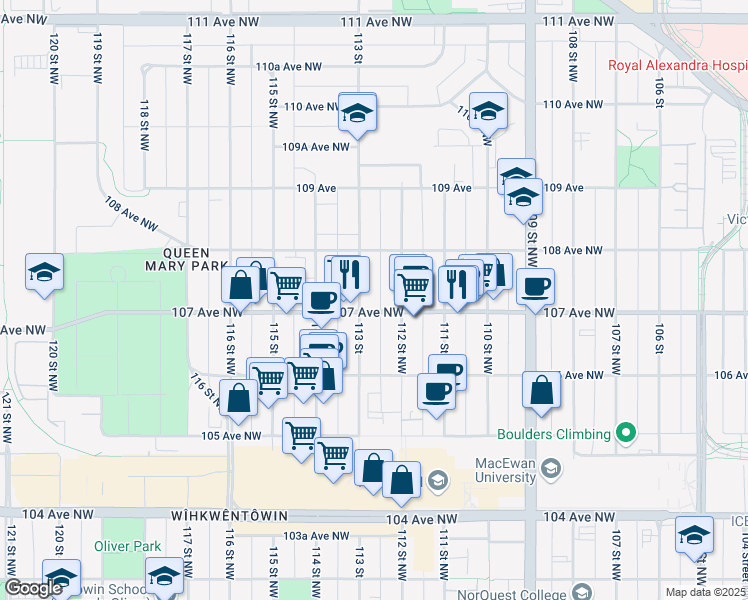 map of restaurants, bars, coffee shops, grocery stores, and more near 11230 107 Avenue Northwest in Edmonton