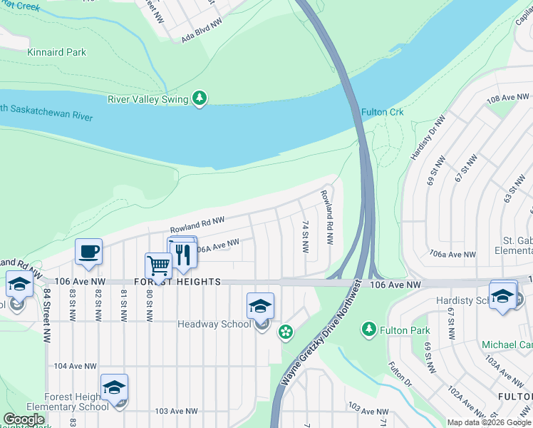 map of restaurants, bars, coffee shops, grocery stores, and more near 10656 75 Street Northwest in Edmonton