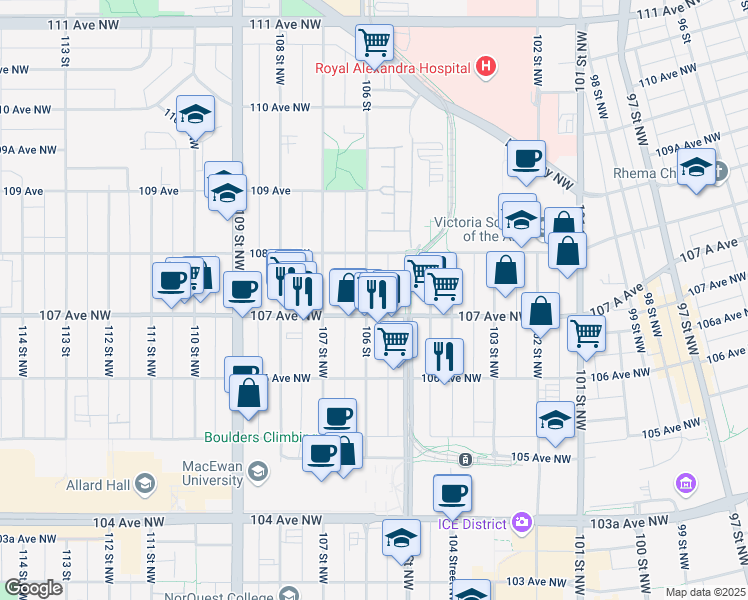 map of restaurants, bars, coffee shops, grocery stores, and more near 10509 107 Avenue Northwest in Edmonton