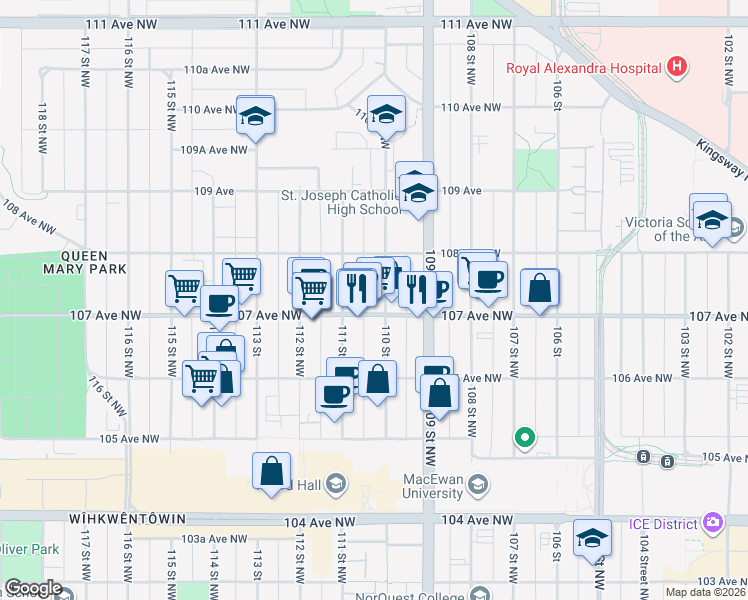 map of restaurants, bars, coffee shops, grocery stores, and more near in Edmonton
