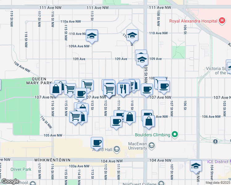 map of restaurants, bars, coffee shops, grocery stores, and more near 11104 107 Avenue Northwest in Edmonton