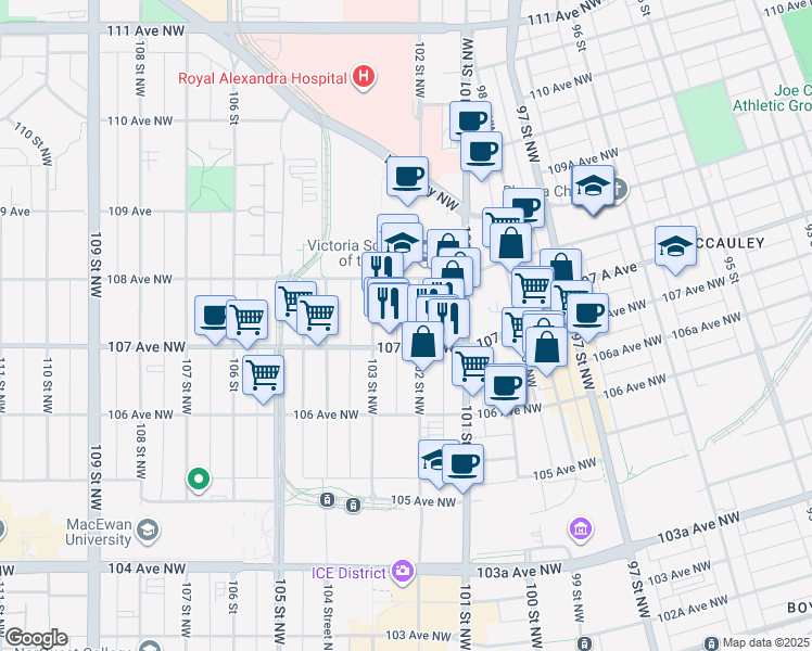 map of restaurants, bars, coffee shops, grocery stores, and more near 10207 107 Avenue Northwest in Edmonton