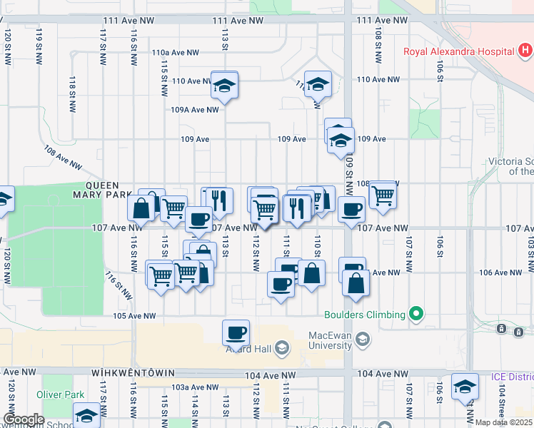 map of restaurants, bars, coffee shops, grocery stores, and more near in Edmonton
