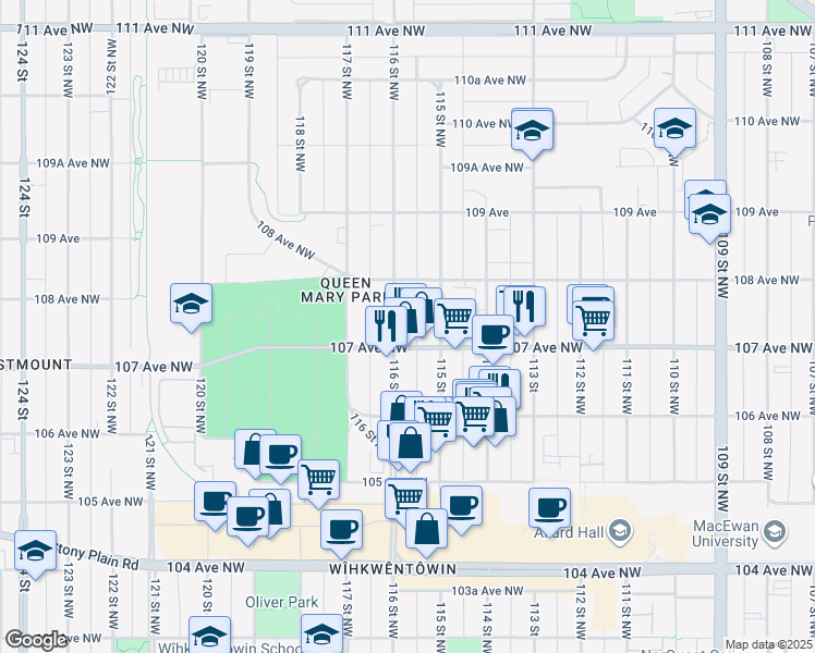 map of restaurants, bars, coffee shops, grocery stores, and more near 10924 107 Avenue Northwest in Edmonton