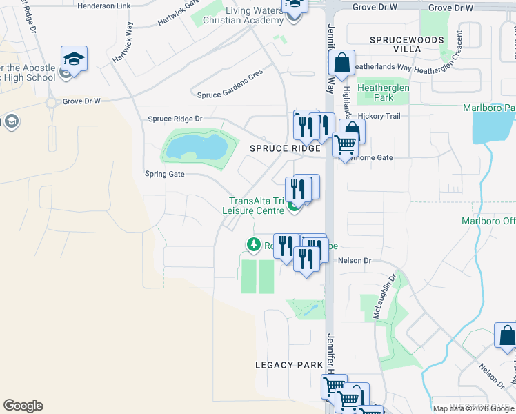 map of restaurants, bars, coffee shops, grocery stores, and more near 260 Spruce Ridge Road in Spruce Grove