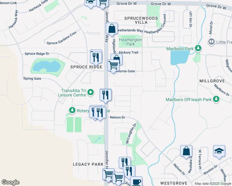 map of restaurants, bars, coffee shops, grocery stores, and more near 72 Meadowland Crescent in Spruce Grove