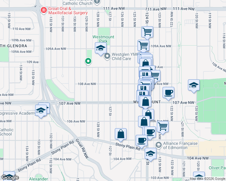 map of restaurants, bars, coffee shops, grocery stores, and more near 10735 127 Street Northwest in Edmonton