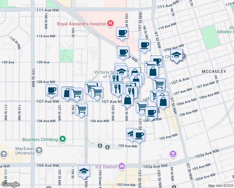 map of restaurants, bars, coffee shops, grocery stores, and more near 10304 107 Avenue Northwest in Edmonton